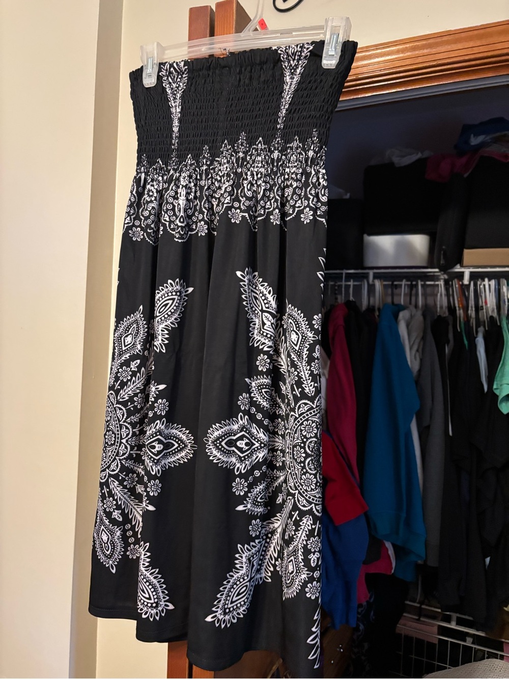 Black and White Strapless Boho Midi Dress